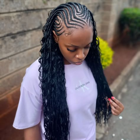 Half Cornrows Half Boho Braids, Half Up Half Down Hair Cornrows, Cornrow And Weave Hairstyles, Cornrow Front Curly Weave Back, Half Scalp Braids Half Box Braids, Trending Hair Styles 2024, Nice Cornrows Hairstyles, Lines And Braids Hairstyles, Braids In Front Curly Hair In Back