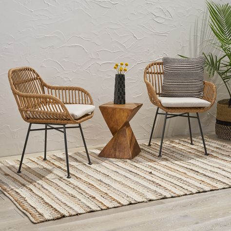 Noble House Draven Indoor Woven Wicker Chairs with Cushions, Set of 2, Light Brown, Beige Finish - Walmart.com - Walmart.com Craft Furniture, Basket Chair, Brown Cushions, Large Chair, Beige Cushions, Wicker Chairs, Noble House, Rattan Chair, Lounge Chair Outdoor