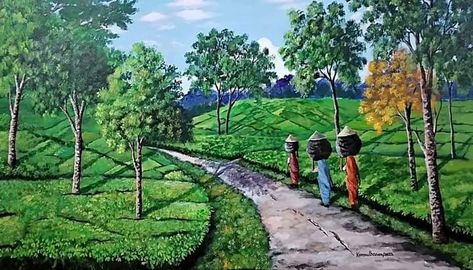 History Of Tea, Tea History, Tea Estate, Feeling Of Loneliness, Garden Drawing, Garden Painting, Nature Painting, Tea Garden, Color Paint