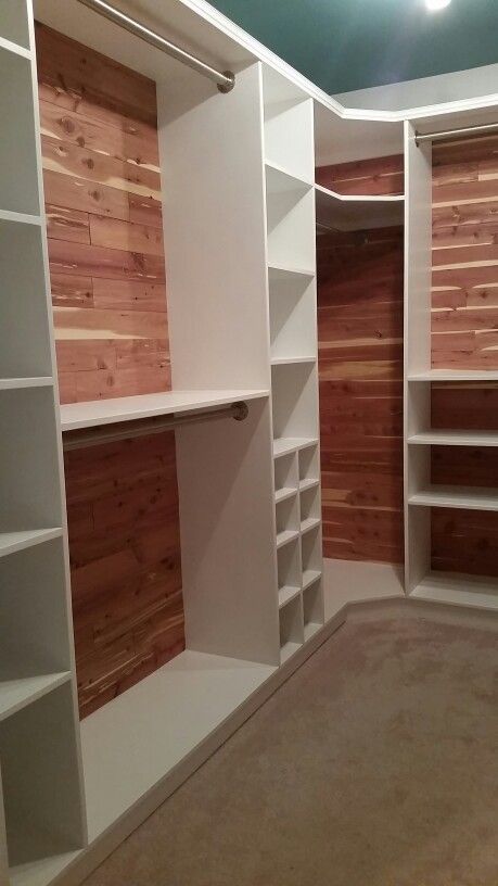 New cedar-lined closet 2 Double Hanger Closet, Diy California Closet, Bedroom Ideas For Long Rooms, Cedar Closet Ideas, Unique Closet Ideas, Long Closet Ideas, Closet Corner Ideas, Walk In Closet Storage, Small Walk In Closet Organization