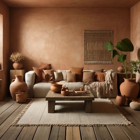 Terracotta Living Room, Spanish Living Room, Japandi Living Room Design, Terracotta Walls, Japandi Living Room, Earthy Living Room, Japandi Living, Deco Studio, Coastal Colors