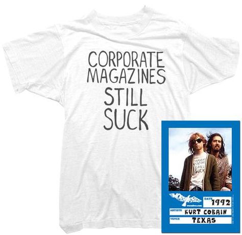 Kurt Cobain T-Shirt - Corporate Magazine Tee worn by Kurt Cobain Kurt Cobain Outfit, Punk Rock Clothes, Nirvana Quotes Lyrics, Kurt Cobain Shirt, Corporate Magazine, Rock Clothes, Donald Cobain, Punk Rock Outfits, Kurt Cobain Nirvana