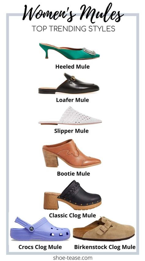 Collage of 7 different types of mules with descriptions under text reading women's mules top trending styles. Types Of Mules Shoes, How To Style Mules Heels Outfits, How To Wear Mules Outfits, Heeled Mules Outfit, Mule Heels Outfit, Outfits With High Heels, Heel Mules Outfit, Mule Outfits Women, How To Style Mules