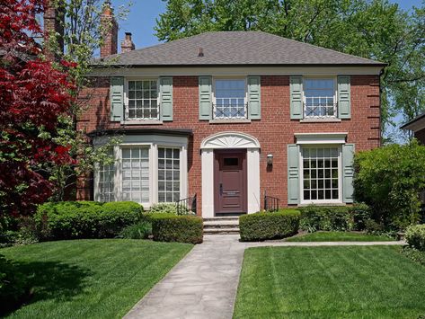 Color selection is an important factor when decorating red brick houses. Unfortunately, the rich, warm hues of red brick don’t go with every color shu... | 2 Quietude Red Brick House Shutter Ideas, Red Brick House Exterior Curb Appeal, Brick House Shutters, Brick Colonial House Exterior, Shutters Brick House, Exterior Trim Colors, House Shutter Colors, Brown Brick Exterior, Brick Colonial House