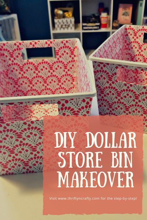 Easy DIY dollar store bin makeover Diy Storage Containers Upcycle, Upcycle Cube Storage Diy, Covering Plastic Storage Bins, Plastic Storage Bin Makeover, Plastic Bin Makeover, Painting Plastic Bins, Diy Storage Cubes, Decorative Boxes Diy, Cube Makeover