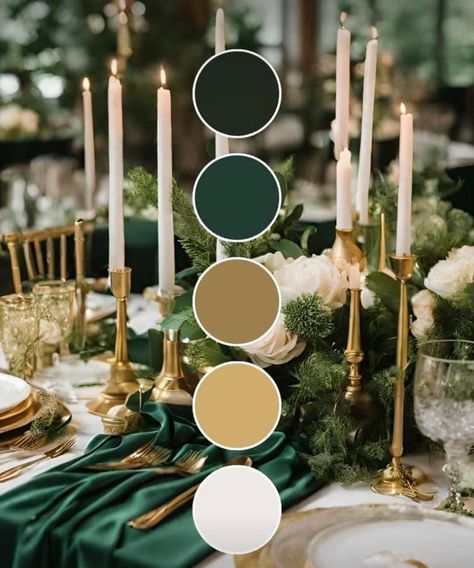 Gold Dark Green Wedding, Emerald Elegant Wedding, Wedding Colors Greens, Black Forest Green And Gold Wedding, Emerald Green And Tan Wedding Party, Emerald Green Scheme Colour Palettes, Wedding Color Palette Forest Green, Emerald Green Black And Cream Wedding, Green And Candles Wedding