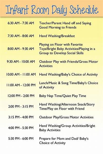 Infant Daily Schedule For Daycare | Daily Agenda Calendar | Infant ... Day Care Schedule, Infant Schedule, Infant Classroom Ideas Daycares, Teaching Infants, Daycare Schedule, Infant Room Daycare, Infant Toddler Classroom, Infant Play, Infant Curriculum