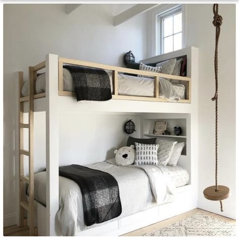 Boys Bunk Room, Grey Bunk Beds, Bunk Bed Rooms, Kids Rooms Shared, Wood Bunk Bed, Queen Bunk Beds, Recessed Shelves, Diy Bunk Bed, Bunk Beds Built In