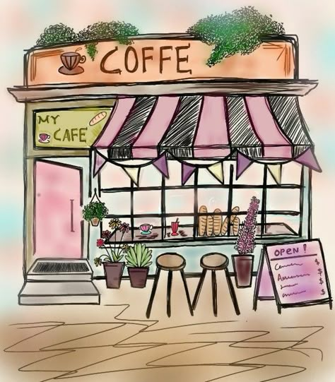 Cafe Drawing Aesthetic, Coffee Shop Drawing, Mountain Drawing, City Drawing, Cafe Art, Cute Doodle, Watercolor Painting Techniques, Simple Cartoon, Nature Drawing