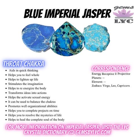 For more information on Blue Imperial Jasper, please visit the LYC Crystal dictionary by clicking the link Imperial Jasper Meaning, Crystal Dictionary, Jasper Stone Meaning, Magic Rocks, Jasper Properties, Wiccan Quotes, Crystal Cards, Jasper Meaning, Jasper Crystals