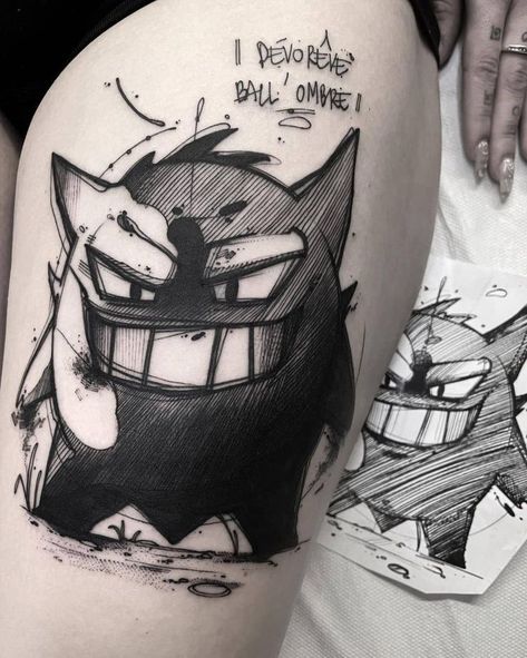 Gengar Tattoo, Holy Tattoos, Sketchy Tattoo, Pikachu Tattoo, Pokemon Tattoos, Sketch Style Tattoos, Tattoo Unique, Devil Tattoo, Pokemon Tattoo