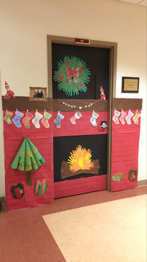 Christmas Classroom Door Decorating Half Door Christmas Decorations, Chimney Classroom Door, Classroom Door Decorations Christmas Tree, First Grade Christmas Door Decoration, Crismas Decoration Classroom, Christmas Decorations For Classroom Wall, Holiday Door Decorations For Daycare, Pre K Door Decorations Christmas, Holiday Door Decorations Contest