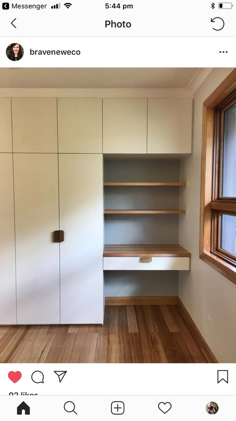 Walk In Closet With Desk Built Ins, Small Walk In Closet With Desk, Small Vanity Closet, Wardrobe And Desk Combo, Wall Panel Behind Bed, Wardrobe With Study Table Design, Wardrobe With Desk, Modern Bedroom Wardrobe Ideas, Desk And Wardrobe