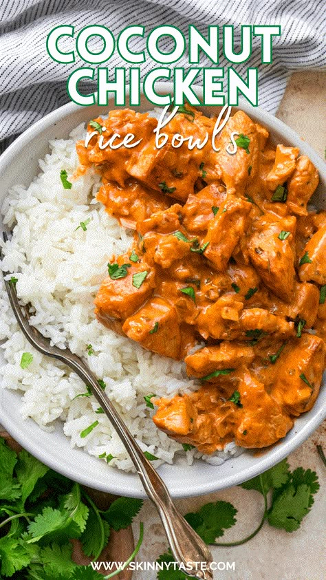 Quick and easy high-protein Coconut Chicken Rice Bowls are perfect for my gluten-free, dairy-free friends! #highprotein #chickenbreast #dairyfree #glutenfree #healthydinners #dinner #antiinflammatory Df Gf Chicken Recipes, Healthy Recipes Gluten Free Dairy Free, Healthy Dinner Recipes With Macros, Easy Dinner Recipes Gf Df, Light Healthy Chicken Recipes, Dinner Ideas Gf Df, Quick Easy Family Dinners Healthy, Light Meal Recipes, Light Meal Ideas For Dinner