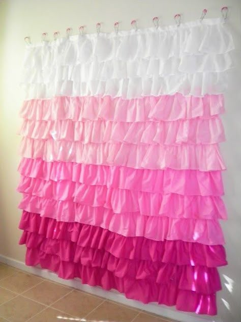 55 Awesome DIY Photography Backdrops | Photographypla.net Ruffled Shower Curtain, Curtain Tutorial, Horse Nursery, Diy Ruffle, Photography Backdrops Diy, Ruffle Shower Curtains, Ruffle Curtains, Diy Backdrop, Girls Bathroom