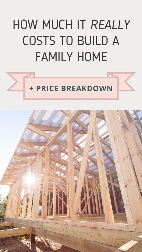 Timber house frame with text overlay reading "How much it really costs to build a family home + price breakdown" Build A Home For Under 100k, Money Saving Home Building Tips, How Much Does It Cost To Build A House, How To Design Your Dream House, How To Build A Home On A Budget, Diy Home Building On A Budget, Cost Of Building A House, Build A House On A Budget, Diy House Build