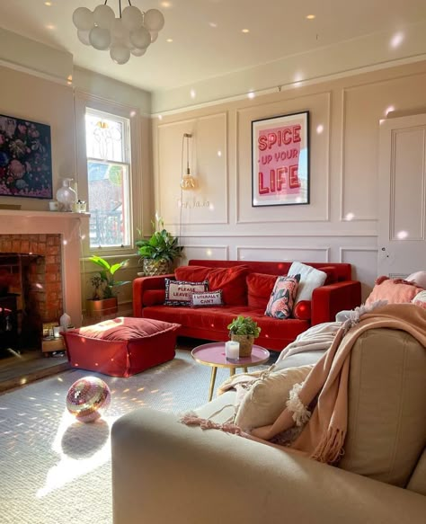 Red velvet sofa in living room after remodel. Red Sofa Living, Red Leather Couches, Red Sofa Living Room, Red Couch Living Room, Red Living Room Decor, Burgundy Sofas, Shadow Tattoo, Red Living Room, Red Furniture