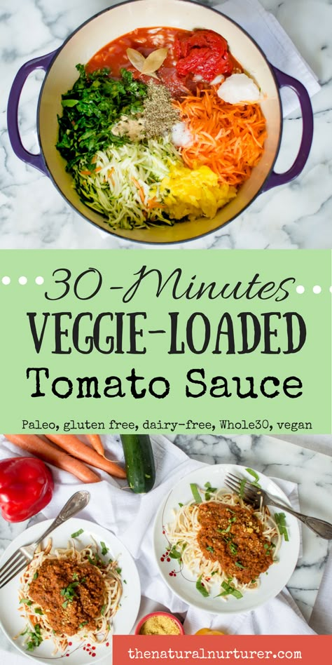 Are you looking for an easy (and maybe slightly sneaky) way to get wholesome and nutrient-dense veggies into your and your family's diet? 30-Minute Veggie-Loaded Tomato Sauce is the perfect place to start! Chock FULL of oodles of veggies, all made in one pot and done cooking by the time the pasta has finished boiling, this veggie-loaded sauce is perfect for a healthy dinner on the busiest of weeknights! Plus, you'll have leftovers to enjoy and to help make your next meal veggie-loaded too! #... Veggie Loaded Spaghetti Sauce, Veggie Loaded Pasta Sauce, Veggie Loaded Meals, Veggie Forward Meals, Healthy Kid Recipes, Natural Nurturer, Blender Soup, Eat More Veggies, Veggie Pasta