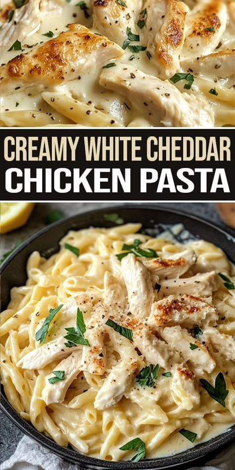 Indulge in this Creamy White Cheddar Chicken Pasta 🧀🍝 – a rich, comforting dish that’s perfect for cozy nights in. Loaded with tender chicken, al dente pasta, and a velvety white cheddar sauce, it’s sure to become a family favorite! 🍗🌿 #CreamyPasta #CheeseLovers #ComfortFood