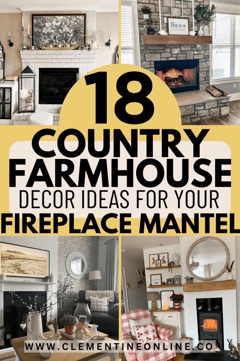 18 Country Farmhouse decor ideas for your Fireplace mantel - Clementine Online Farmhouse Mirror Over Fireplace, Simple Farmhouse Mantle Decor, Country Mantel Decorating Ideas, Rustic Mantle Decorating Ideas, Farmhouse Mantel Decor With Tv, Stone Fireplace Decor Ideas, Next To Fireplace Decor, Fireplace Mantel Decorating Ideas Rustic, Farmhouse Living Room Mantle