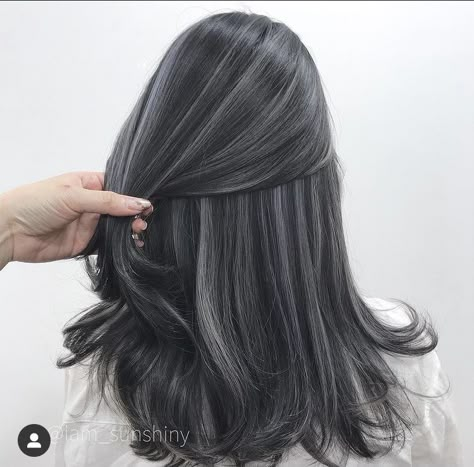 Milk Tea Grey Brown Hair, Dark Ash Black Hair, Ash Blue Hair Color Highlights, Grey Bayalage Hair, Ash Grey Highlights On Dark Hair, Gray Babylights, Micro Highlights On Dark Hair, Dark Grey Highlights, Silver Highlights On Dark Hair