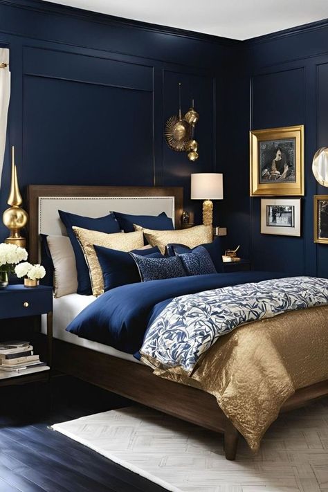 Blue Bedroom Ideas For Couples, Navy Gold Bedroom, Navy Bedroom Ideas, Navy Bedroom Decor, Sustainable Bedroom, Yellow Bedroom Furniture, Dark Blue Rooms, How To Mix Colors, Blue And Gold Bedroom