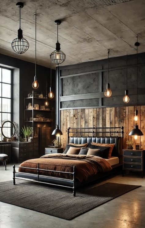 Wood Lamps Bedroom, Concrete Floor Black Walls, Old World Industrial Decor, Industrial Feminine Bedroom, Modern Black And Wood Bedroom, Rustic Industrial Decor Master Bedrooms, Small Industrial Bedroom Ideas, Art Deco Loft Apartment, Bedroom Ideas Black And Wood