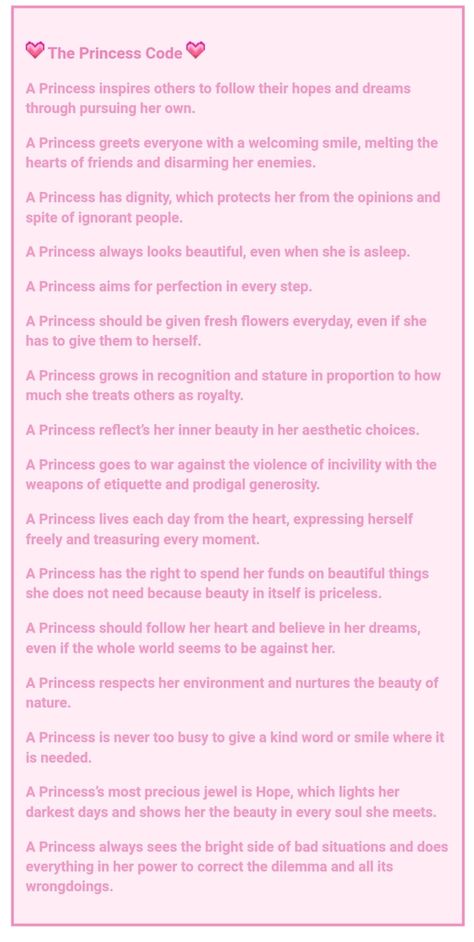 The Princess Code by Skye of The Princess Portal Princess Things To Do, Princess Personality, Living Like A Princess, Princess Training, How To Act Like A Princess, How To Be Like A Princess, Princess Routine, Princess Rules, Princess Syndrome