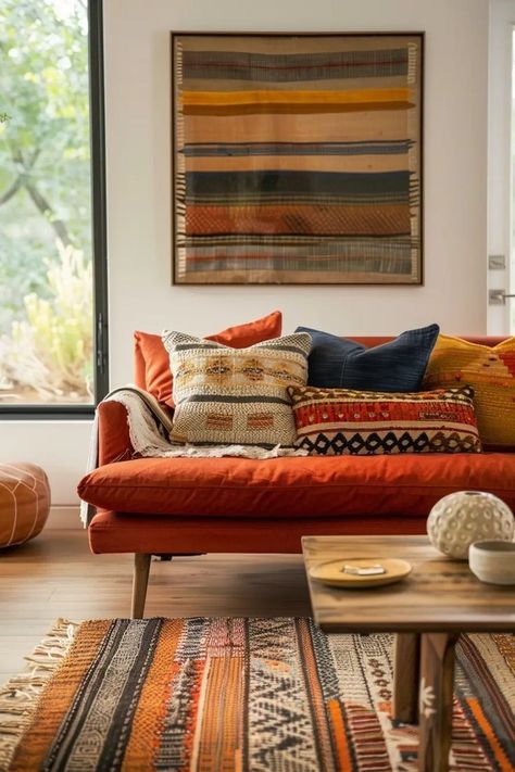 Annie Albers, Desert Living Room, 70s Living Room, Living Room Design Boho, Adobe Home, Boho Living Room Ideas, Timeless Interior Design, Terrazzo Floors, Red Couch