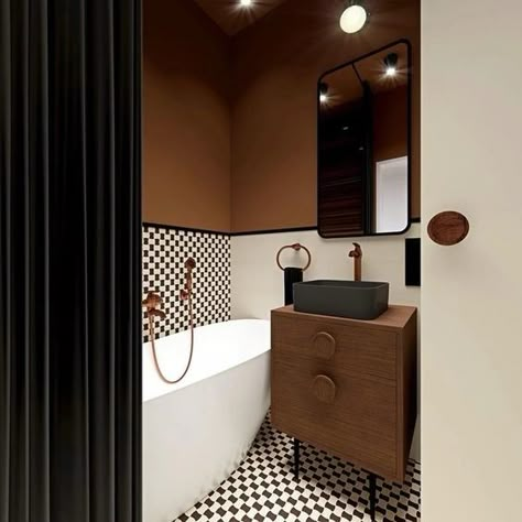 Mid Century Restroom, Dark Mid Century Bathroom, Midcentury Modern Bathroom Ideas, Black White Bathrooms Modern, Black White Tiles Bathroom, Post Modern Bathroom Design, Colourful Bathroom Design, Mid Century Hotel Room, Mid Century Bathroom Design