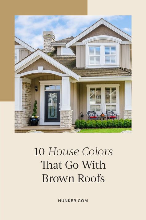 Get inspired for your own home with these color combinations that work with brown roofs. #hunkerhome #brownroofideas #housecolorideas #brownroofs What Color To Paint House With Brown Roof, Siding Color With Brown Roof, Light Tan Roof House Colors, Best Exterior House Colors With Brown Roof, White Farmhouse With Brown Roof, Beige Aesthetic House Exterior, Taupe And White House Exterior, Cream Roof House Colors, Brown Roof Exterior Paint Ideas Modern