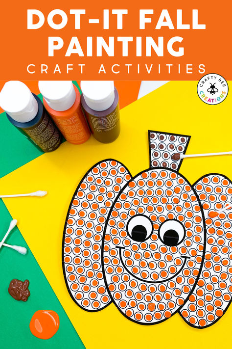 These fall dot-it crafts are an amazing way to practice fine motor skills in preschool and kindergarten classrooms. They are perfect for discussing letters of the alphabet each week as well. Use the candy corn, scarecrow, apple, pumpkin, sunflower, and ghost to get into the fall spirit and spooky season as the cooler weather hits. Use for small groups, fine motor stations, homeschool activities, at home learning and more. Kids will love the q-tip painting activities and book pairing ideas! Ghost Fine Motor Activities, Q Tip Pumpkin Painting Printable, Pumpkin Qtip Painting Free, Q Tip Art Preschool, Fall Qtip Painting, Painting Dots Art, Halloween Qtip Painting, Preschool Pumpkin Painting, Preschool Pumpkin Crafts Easy