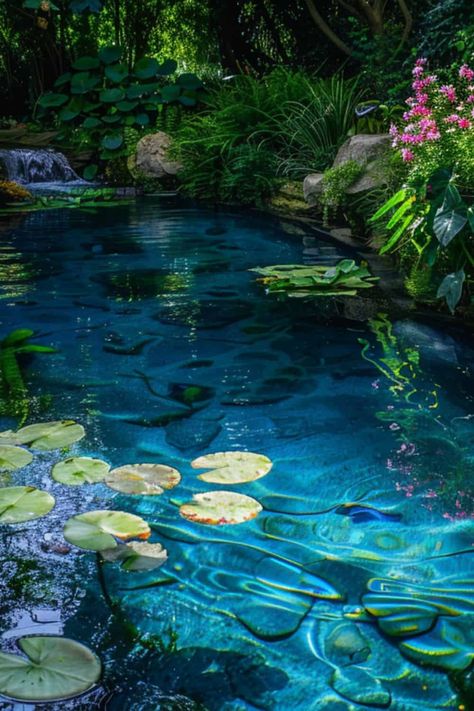 How To Make Your Pond Water Blue - Water Garden Advice House In Water, Water Lily Garden, Pond Reference, Pond Landscape, Garden With Pond, Water Nature, Garden Water, Nature Pond, Fairy Pond