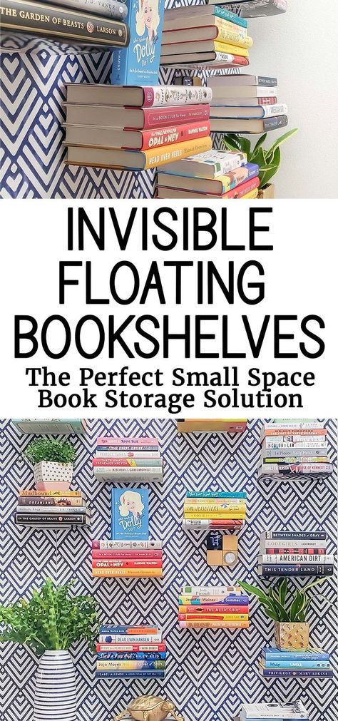 These invisible floating bookshelf brackets are affordable and the perfect book storage solution when you don't have room for a bookcase! Shelves Made Of Books, Non Bookshelf Book Storage, Bookshelf Walls Living Room, Floating Shelf Book, Diy Invisible Bookshelf, Book Storage For Bedroom, Small Corner Bookshelf Ideas, Bookshelf Ideas Small Spaces, Corner Book Storage