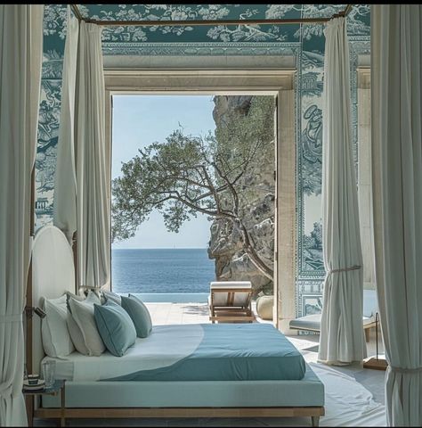 Ocean Bedroom, Elegant Bedroom Decor, Fantasy Bedroom, Coastal Beach Decor, Sanctuary Bedroom, Bedroom Decor Inspiration, Renovation Design, Blue Home Decor, Home Design Ideas