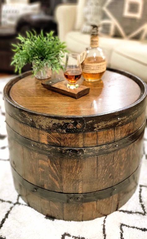 Half Whiskey / Bourbon Barrel Coffee Table ~ Handcrafted From A Reclaimed Whiskey / Bourbon Barrel Home Lounge Room Bar, Wine Barrel Coffee Table, Bar Lounge Room, Bar Nook, Whiskey Lounge, Bourbon Room, Wine Barrel Table, Barrel Coffee Table, Whiskey Room