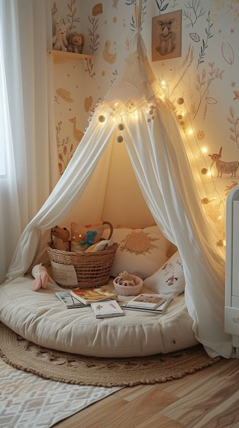 Fairy Lights Playroom, Reading Nook In Nursery, Fireplace In Kids Bedroom, Reading Nook With Canopy, Reading Corner Girls Bedroom, Kids Reading Corner Bedroom, Kids Reading Nook Corner, Kids Bedroom Reading Corner, Baby Reading Nook