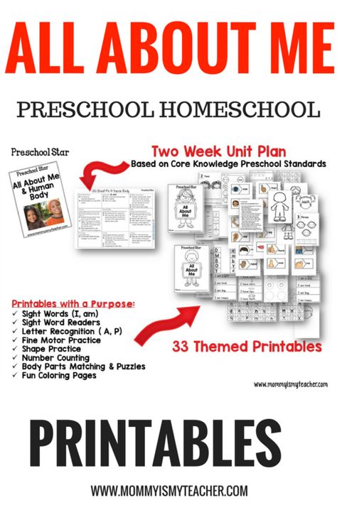 Preschool All About Me Activities, About Me Preschool Activities, All About Me Preschool Activities, Preschool Activities Ideas, Preschool All About Me, Preschool Units Themes, Preschool Homeschool Curriculum, Printable All About Me, All About Me Preschool Theme