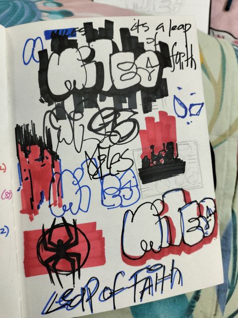 Spiderverse Miles Sketchbook, Miles Graffiti Art, Miles Morales Graffiti Art, Miles Morales Art Book, Graffiti Art Spiderman, Miles Morales Tag, Miles Morales Name Tag, Sketchbook Ideas Graffiti, Spiderverse Graffiti Art