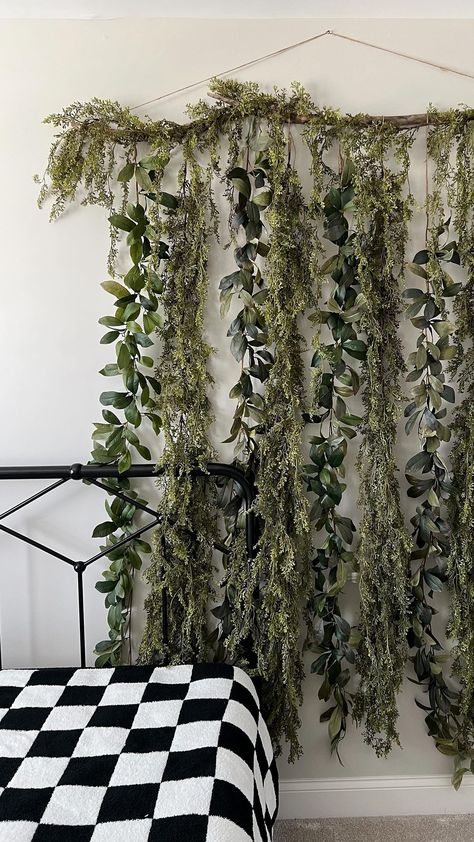 The BEST DIY vine wall made with garland and a stick! Before I started this room makeover I got on Pinterest, as one normally does for… | Instagram Ivy On Wall Bedroom, Diy Vine Wall, Desk Build, Music Stage, Gothic Living Room, Vine Decoration, Nail Salon Interior Design, Nail Salon Interior, Bride Party