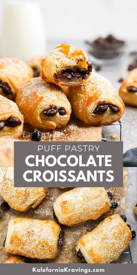 This Easy Puff Pastry Chocolate Croissants recipe is the answer to your breakfast in bed dreams!  Puff pastry is transformed into flaky and delicious croissants filled with melty chocolate chips.  Ready in under 30 minutes, it's a sweet and satisfying way to start your day French Chocolate Pastry, Easy Breakfast Puff Pastry, Homemade Breakfast Pastry, Pastry Crisps Recipe, Chocolate Chip Danish, Chocolate Croissant Puff Pastry, French Food Recipes Easy, Brunch Pastries Easy, Croissant Breakfast Pie Recipe