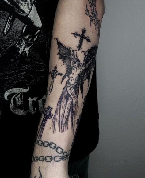 Men’s Alternative Tattoos, Cross Cybersigilism Tattoo, Emo Sleeve Tattoo, Goth Tattoos Men, Inverted Tattoo, Gothic Tattoo Sleeve, Gothic Sleeve Tattoo, Gothic Tattoo Men, Southern Gothic Tattoo