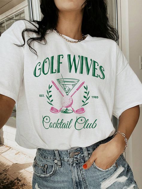 SHEIN Essnce Women's Summer Tee, Round Neck, Letter, Golf Club & Cocktail Glass PatternI discovered amazing products on SHEIN.com, come check them out! Preppy Tee, Summer Cotton Tops, Boho Picnic, Womens Golf Shirts, Y2k Butterfly, Coachella Dress, Butterfly Blouse, Work Formal, Styles Summer