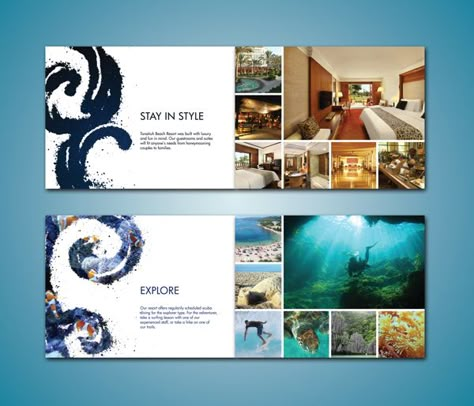 Beach Resort Brochure by Lauren Prueter, via Behance Resort Brochure Design Layout, Beach Brochure Design, Resort Brochure Design, Hotel Brochure Design, Resort Branding, Travel Brochure Design, Postcards Inspiration, Photo Book Inspiration, Business Postcards