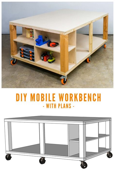 Need a workbench in your garage or workshop? This one is an easy DIY. It is on casters to make it mobile, has storage (and room for more!) and a full video tutorial and build plans. Check it out! Diy Workbench With Storage, Workshop Workbench Ideas, Furniture Workshop Ideas, Diy Mobile Workbench Plans, Diy Workbench Plans How To Build, How To Build A Workbench, Diy Workshop Table, Diy Work Table Garage, Diy Shop Table