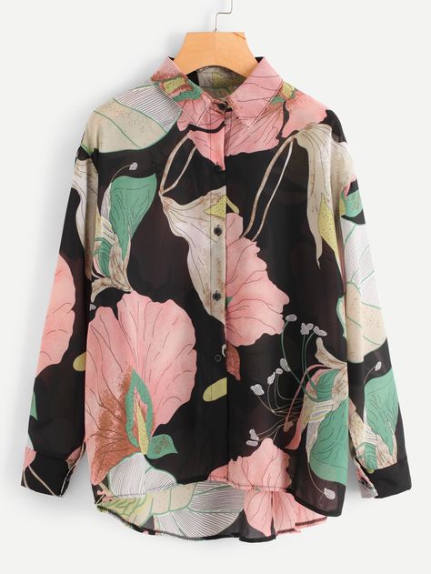 All Over Florals Dip Hem Shirt -SheIn(Sheinside) Floral Shirt Outfit, Dip Hem Shirts, Women Shirt Designs, Shirt Design For Girls, Blouse Casual Fashion, Trendy Fashion Tops, Hem Blouse, Women Blouses, Ladies Tops Fashion