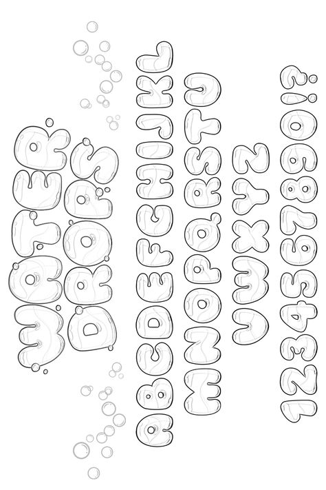 Whimsical water-dropped typography combines with elegant handwriting, intricate stencil patterns, and kawaii charm to create a visually stunning font effect.#fontsalphabetandnumbers#fontsalphabetandnumbershandwritten#fontsalphabetgraffitidesign#fontsalphabetgraffitisketch#coolfontsalphabetgraffitistepbystep Bubbly Text Font, Fluffy Font Alphabet, How To Draw Fonts, Bubble Letter Template, Bubble Letter Fonts Alphabet Style, Number Bubble Letters, Lettering Alphabet Fonts Aesthetic, Font Alphabet Bubble, 2024 Font Design