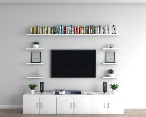 Shelves For Tv On Wall, Shelves In Tv Room, Mounted Tv In Office, Floating Tv Unit With Shelves, Wall Mounted Tv Small Bedroom, Wall Mount Tv With Floating Shelves, Wall Mounts For Shelves, Livingroom Tv Wall Ideas, Shelves Around Mounted Tv