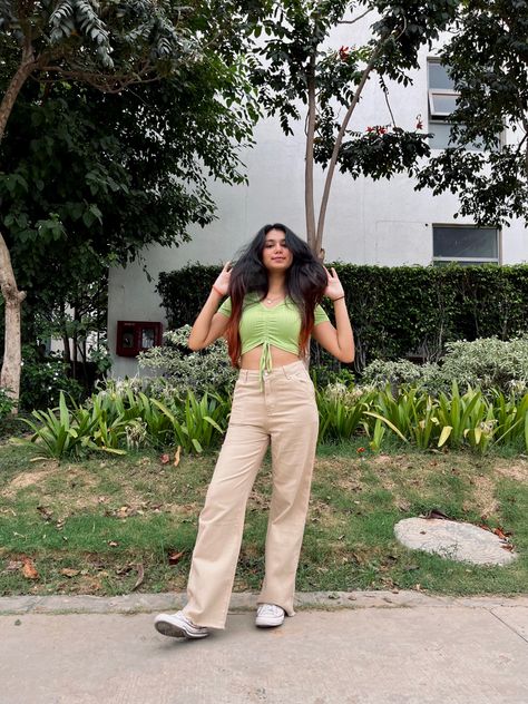 Sage Green Crop Top woth Beige Pants are the perf brunch outfit that you need for these summers Sage Green Crop Top Outfit, Green Crop Top Outfit, Sage Green Crop Top, Creating Outfits, Green Crop Top, Beige Pants, Women Best, Crop Top Outfits, Brown Pants