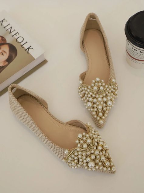 Faux Pearl Decor Flats | SHEIN USA Dressy Flats Shoes, Elegant Shoes Flat, Dressy Flats, Fancy Flats, Rhinestone Flats, Pearl Decor, Women Flats, Fancy Shoes, Bellini